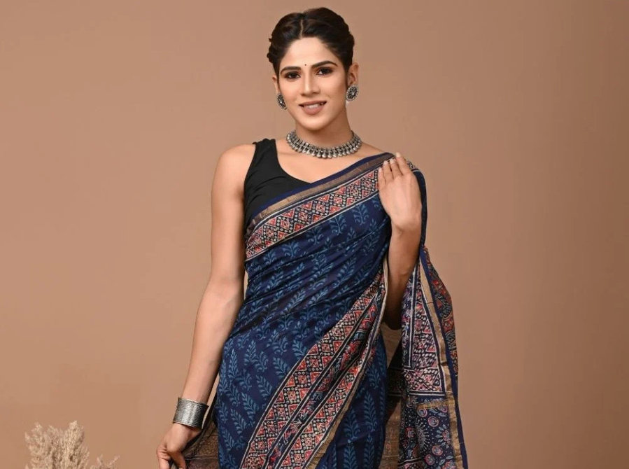 Buy Oxford Blue Handblock Printed Chanderi Silk Saree - Clothing/Accessories
